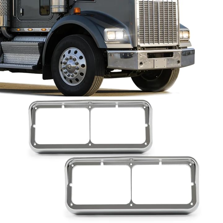 ALMULOO chrome headlight bezel with visor for Kenworth T400 left protects headlights from debris.