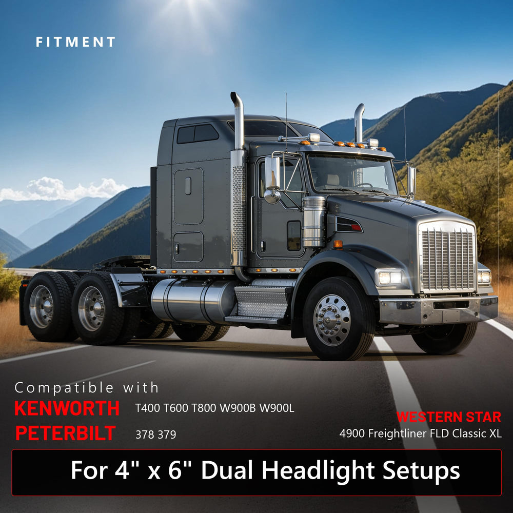 ALMULOO chrome headlight bezel with visor for Kenworth T400 right shields headlights from elements.