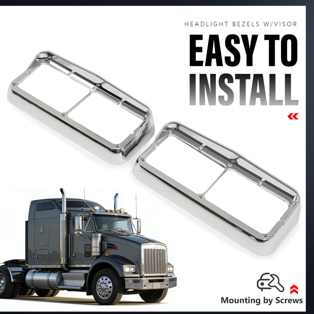 ALMULOO chrome headlight bezel with visor for Kenworth T600 left enhances style and protection.