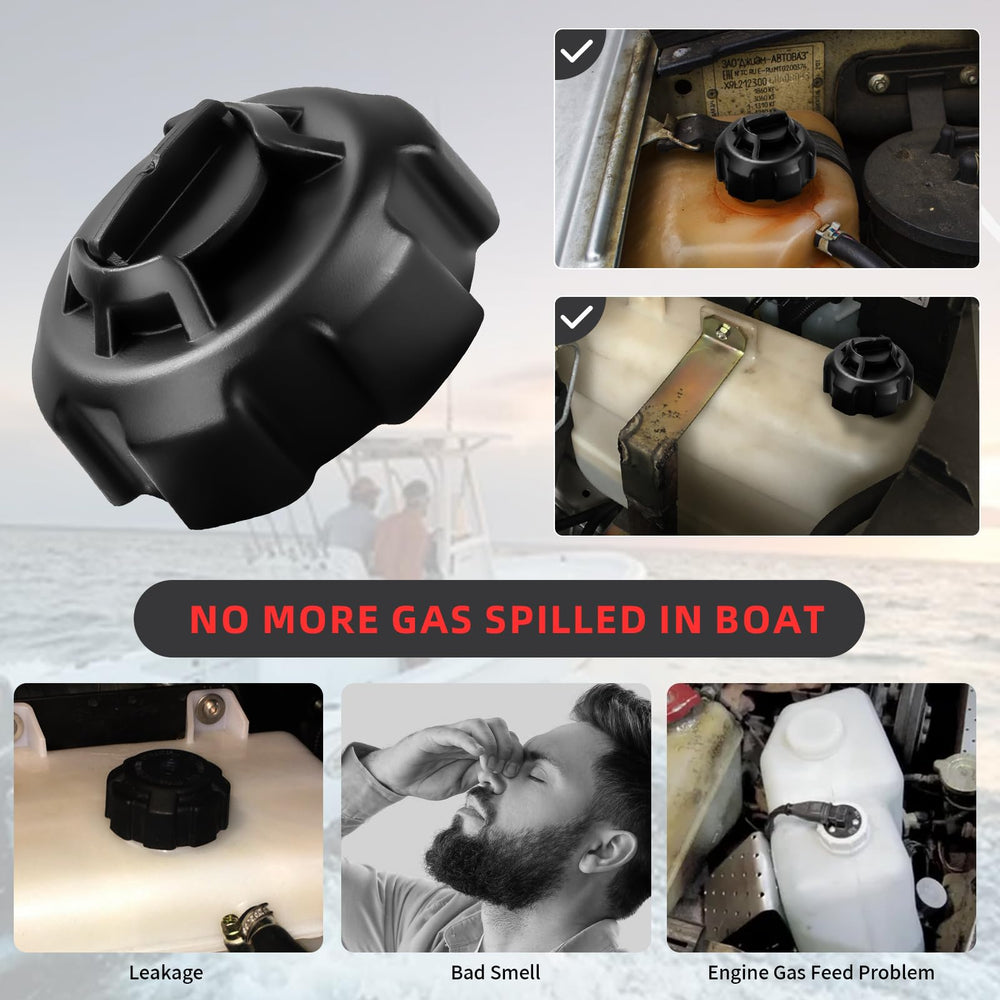 Alocs black gas cap secured on a boat tank with snug seal