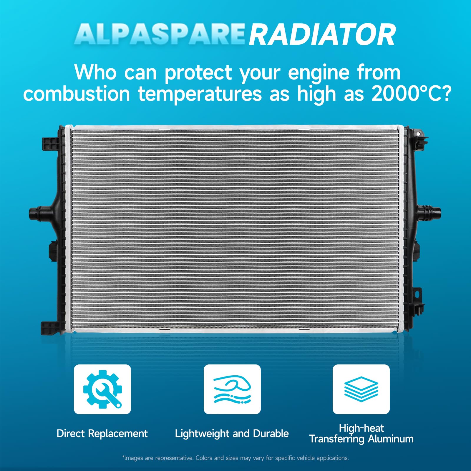 AlpaSpare radiator core dimensions 17.99 in by 25.51 in indicating cooling capacity