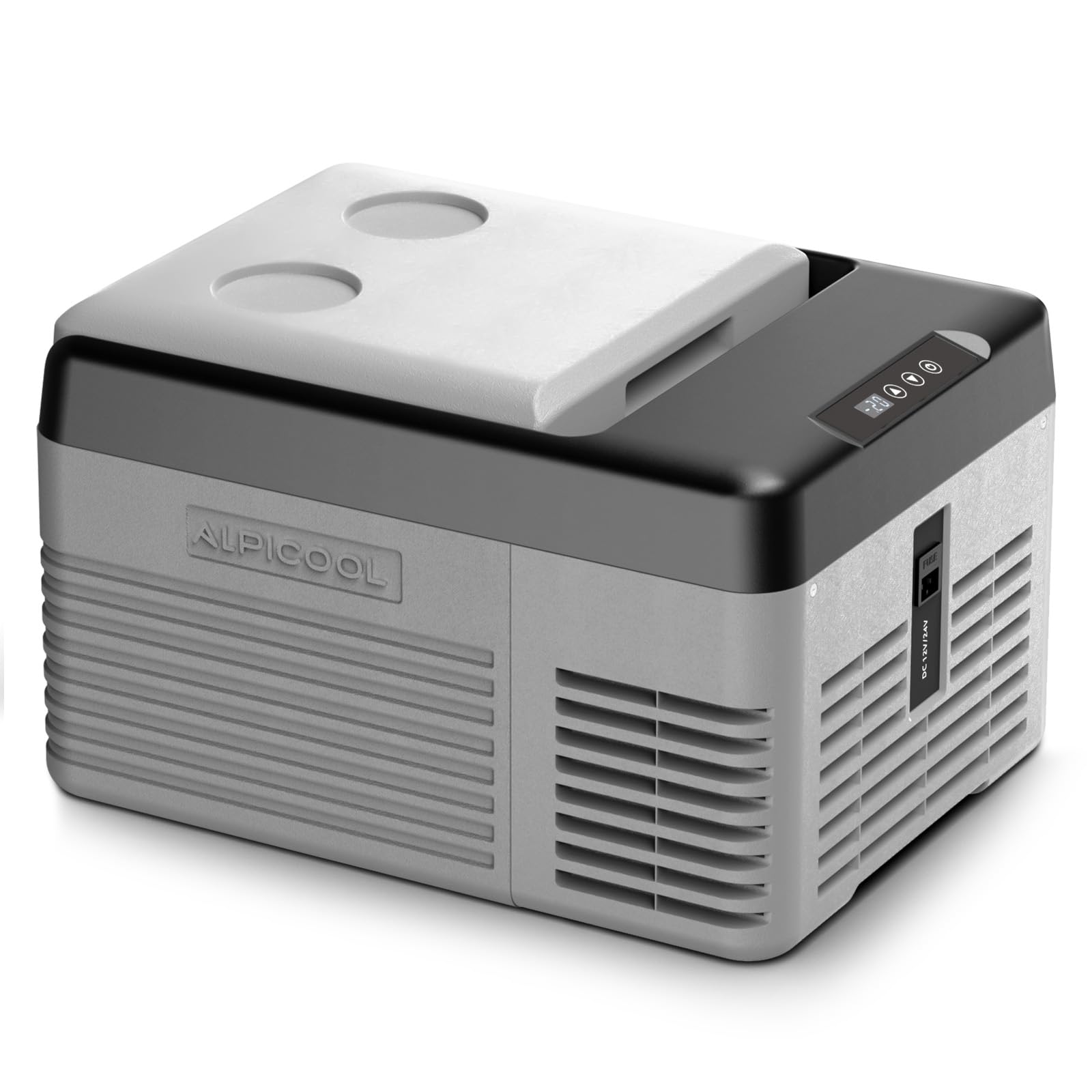 Alpicool 10 Qt car fridge in a compact design keeps beverages cool during travels.