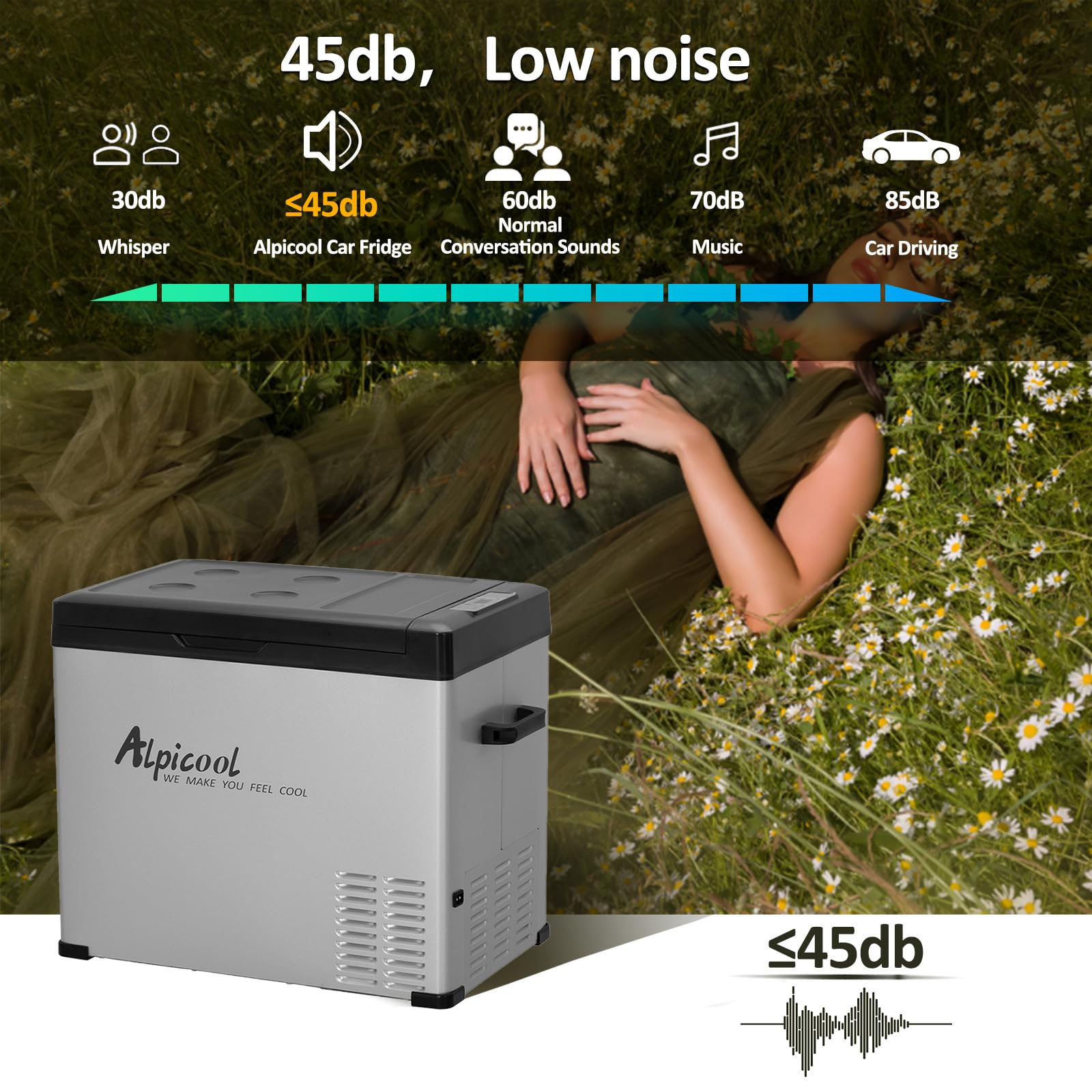 Alpicool C50 dimension specs show compact footprint suitable for under-seat or trunk use.