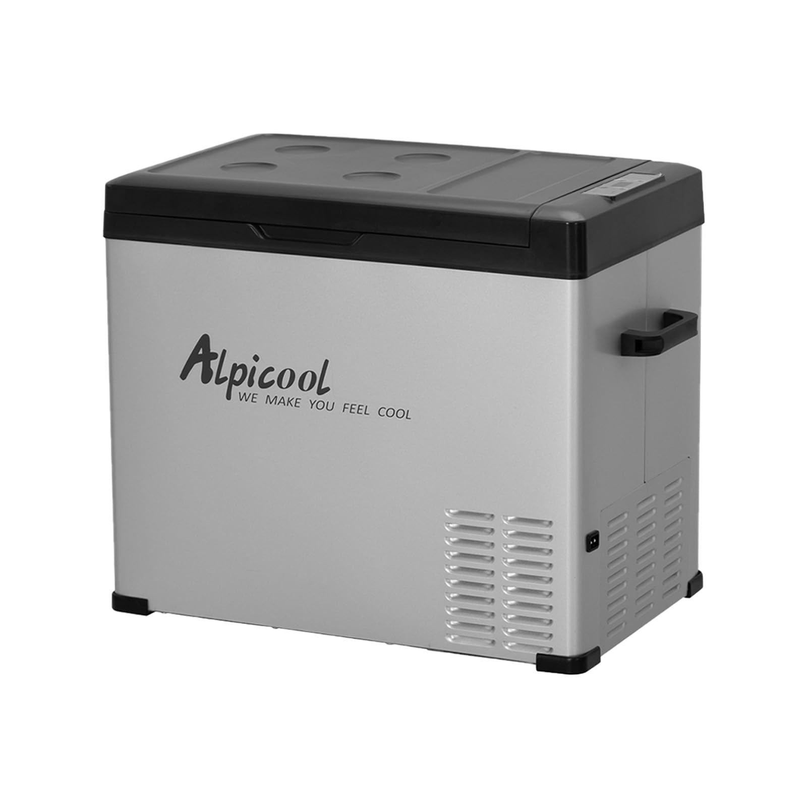Alpicool C50 exterior view shows rugged stainless finish and compact footprint, ideal for vehicles.