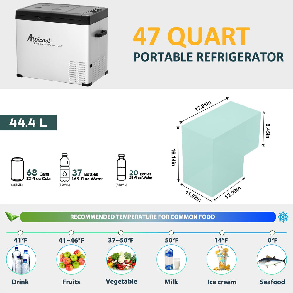 Alpicool C50 interior storage demonstrates ample space for beverages, meat, and snacks.