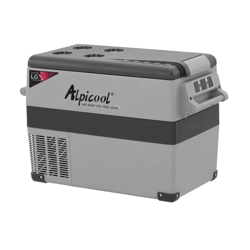 Alpicool CF45-LG front view; portable fridge for road trips and camps.