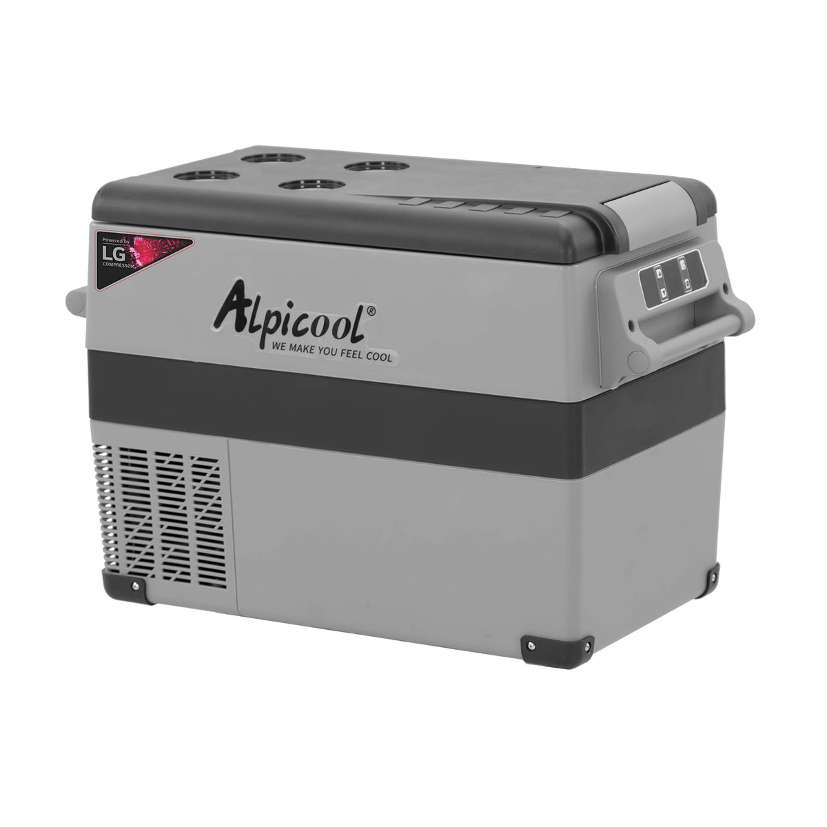 Alpicool CF45-LG front view; portable fridge for road trips and camps.