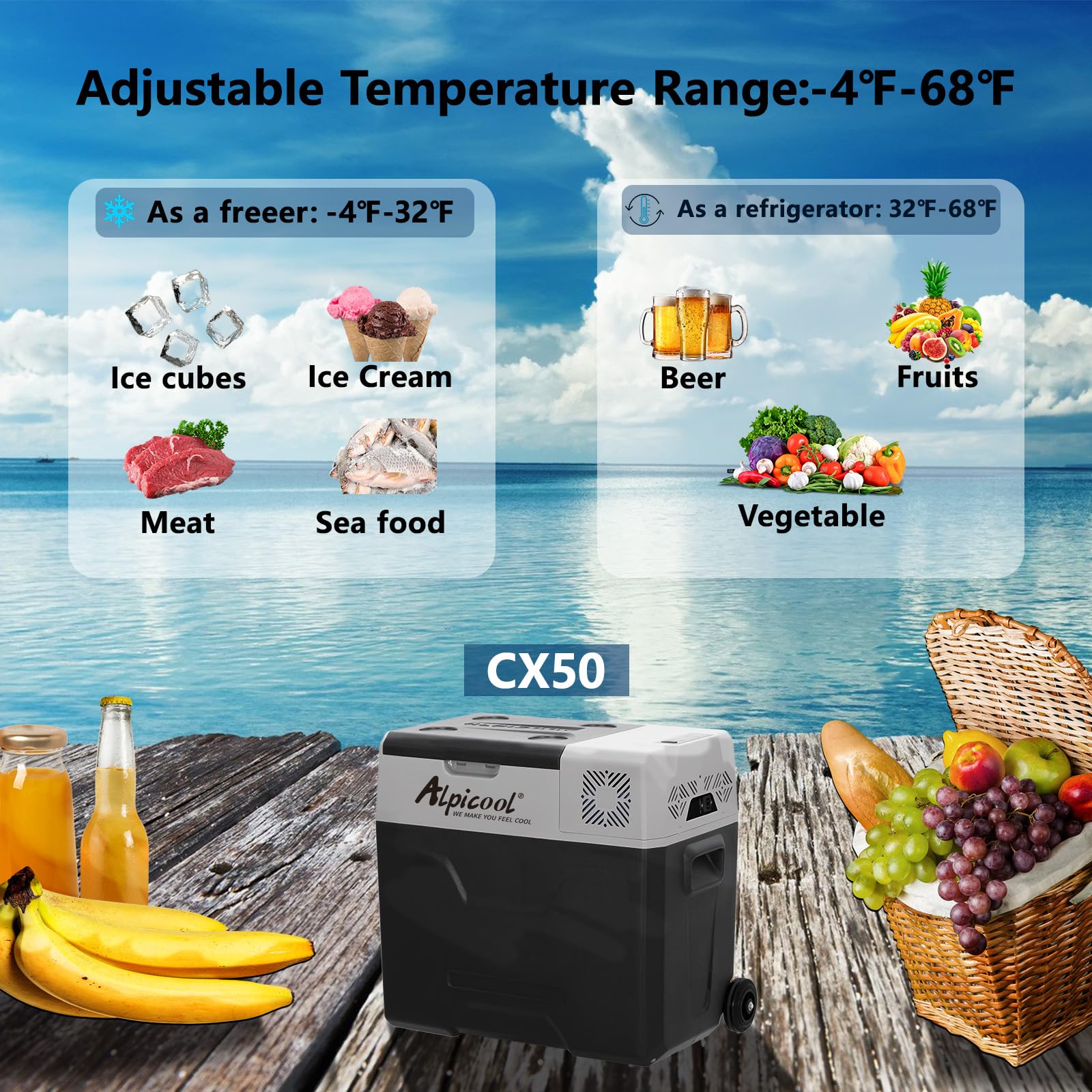 Alpicool CX30 freeze capability shows -4°F deep chilling without ice.