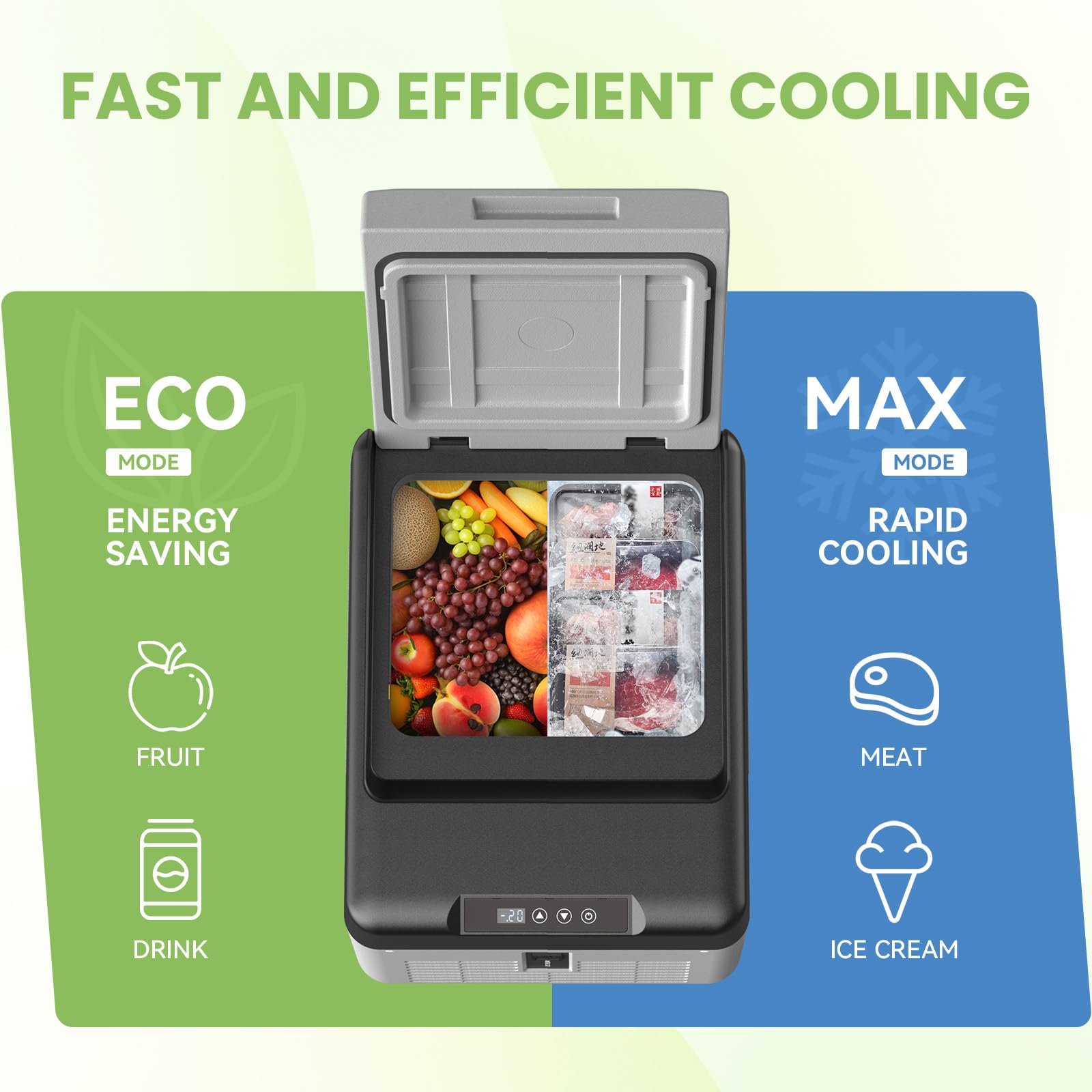 Alpicool high-efficiency inverter compressor enables fast cooling in MAX mode.