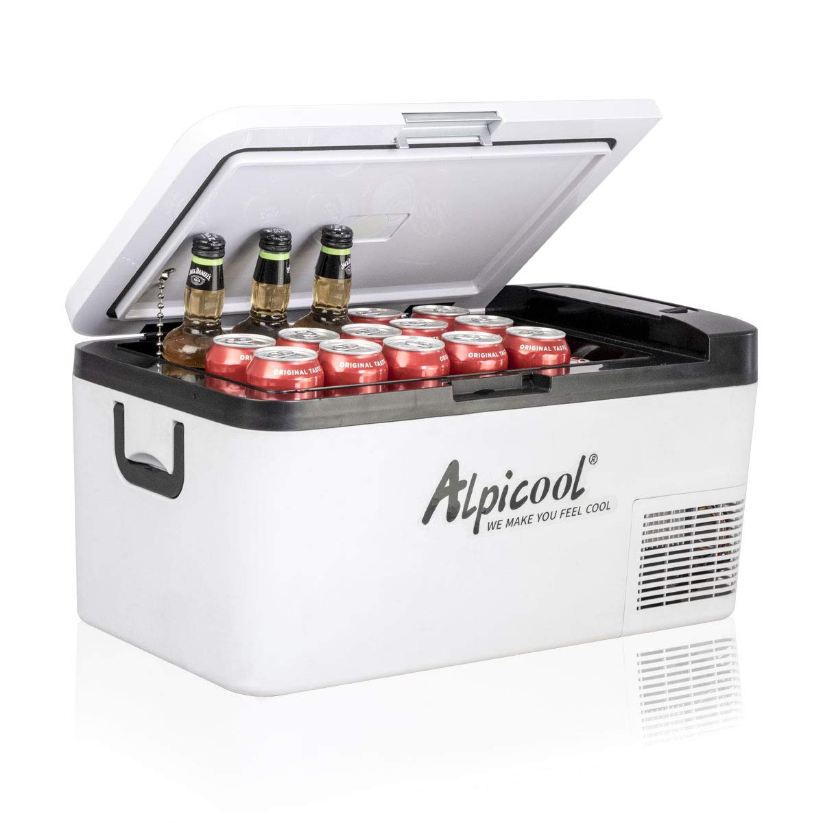 Alpicool K18 portable car freezer front view showing compact design for travel