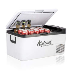 Alpicool K18 portable car freezer front view showing compact design for travel