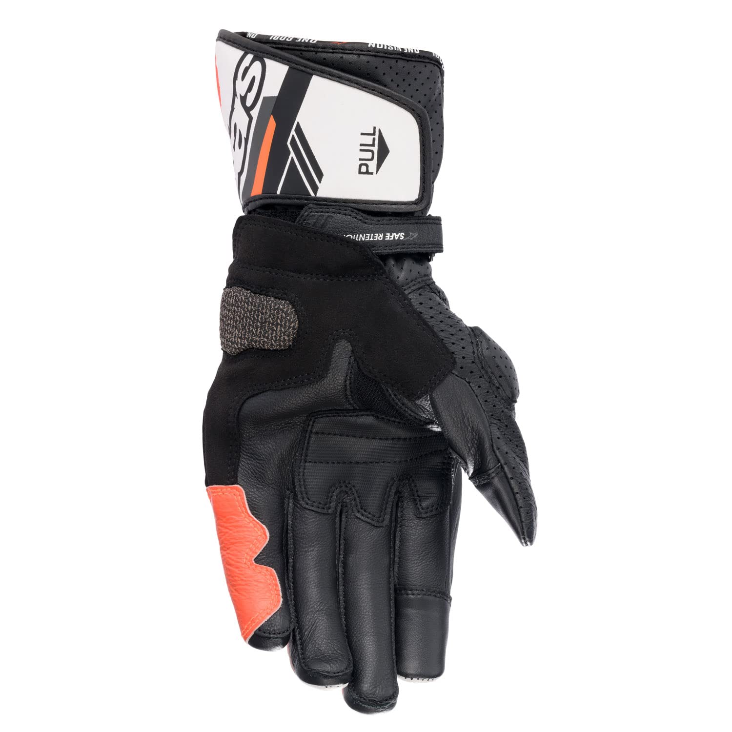 Alpinestars SP-8 V3 gloves show knuckle armor and reinforced sides for CE-certified impact defense.