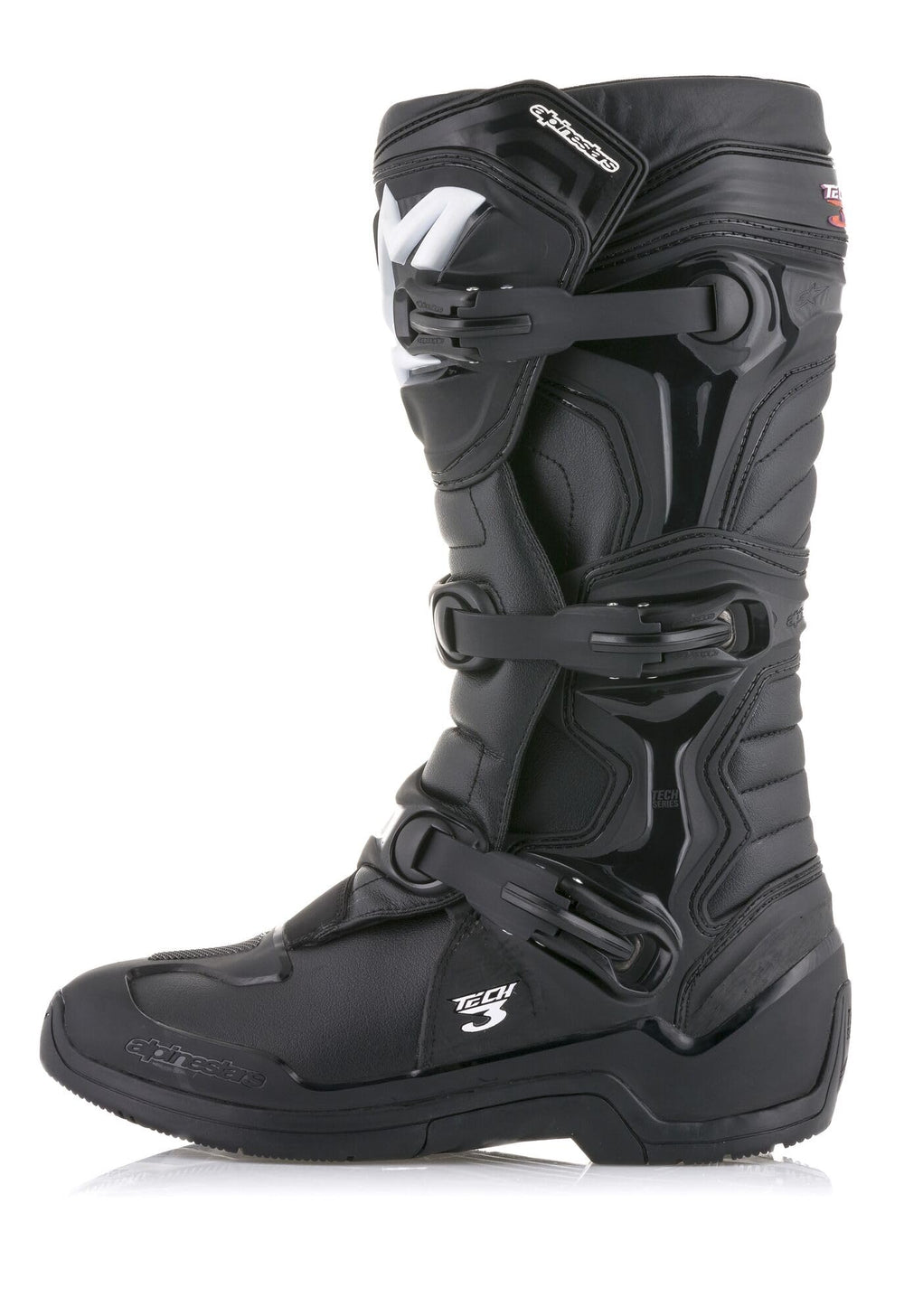 Alpinestars Tech 3 boots shin plate close-up highlighting impact resistance.