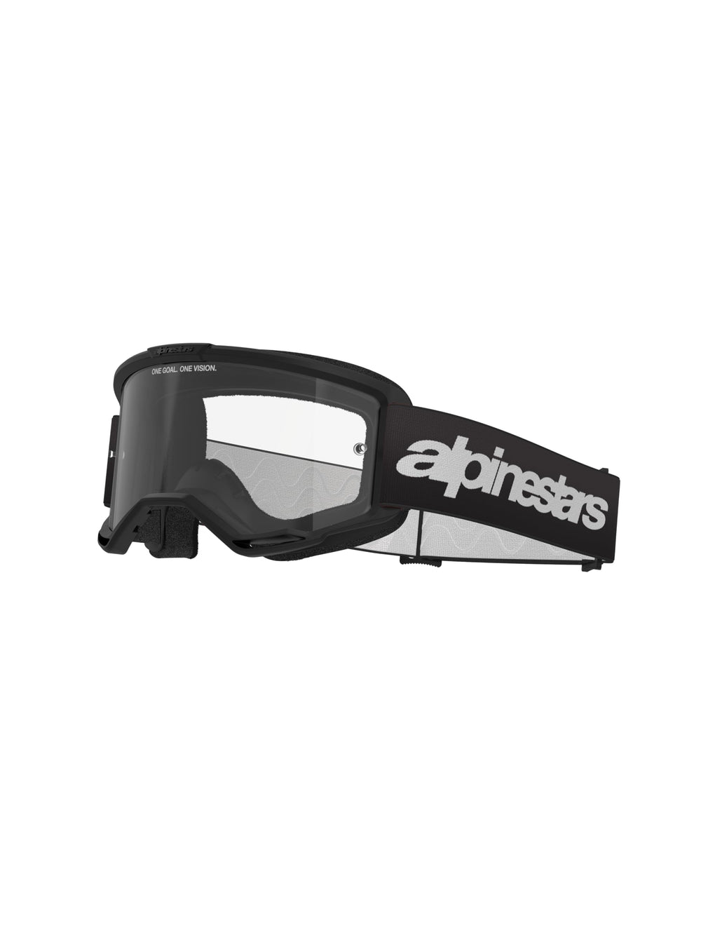 Alpinestars Vision 3 goggle front view with clear lens for peak visibility on dusty trails.