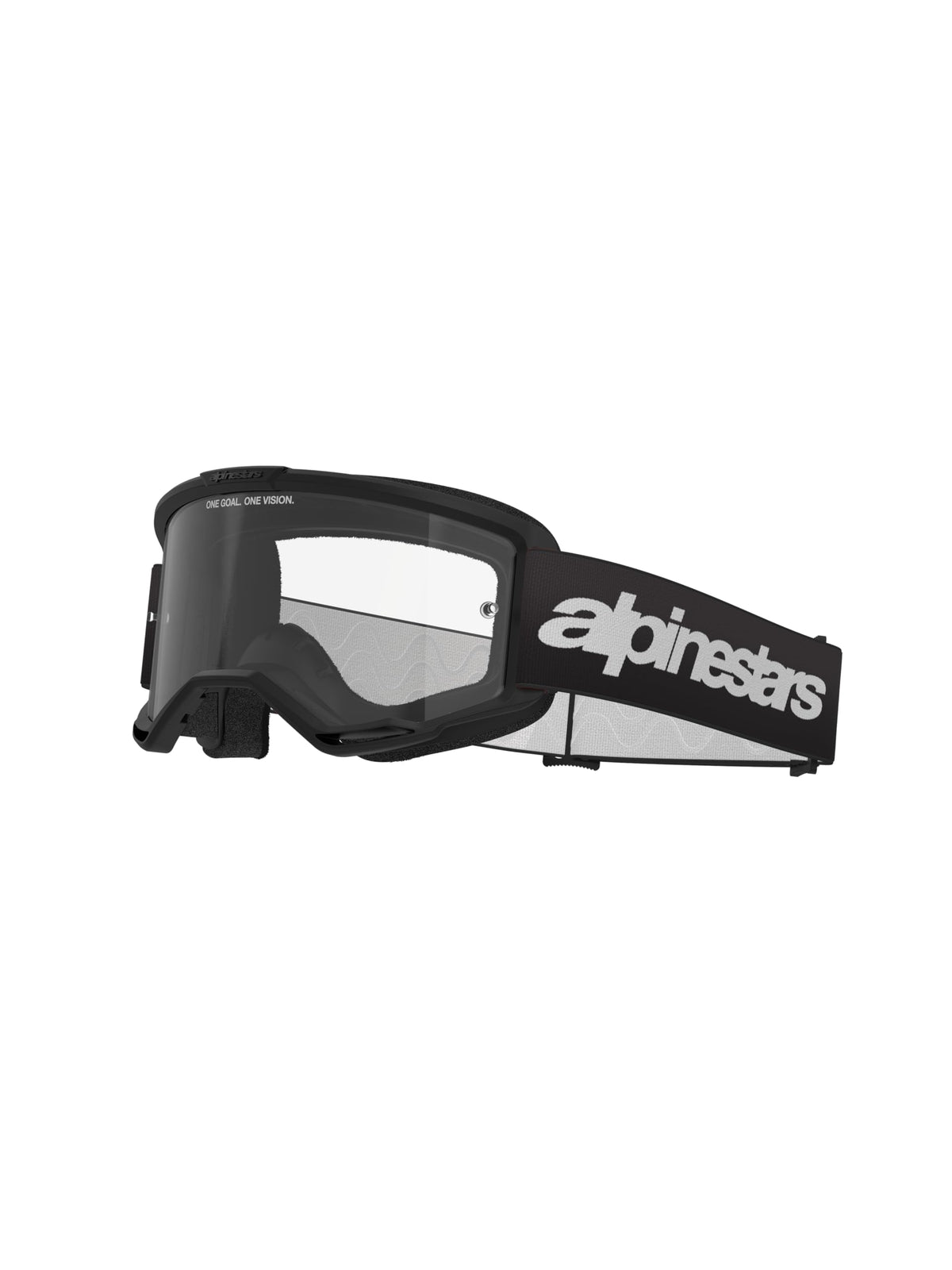 Alpinestars Vision 3 goggle front view with clear lens for peak visibility on dusty trails.