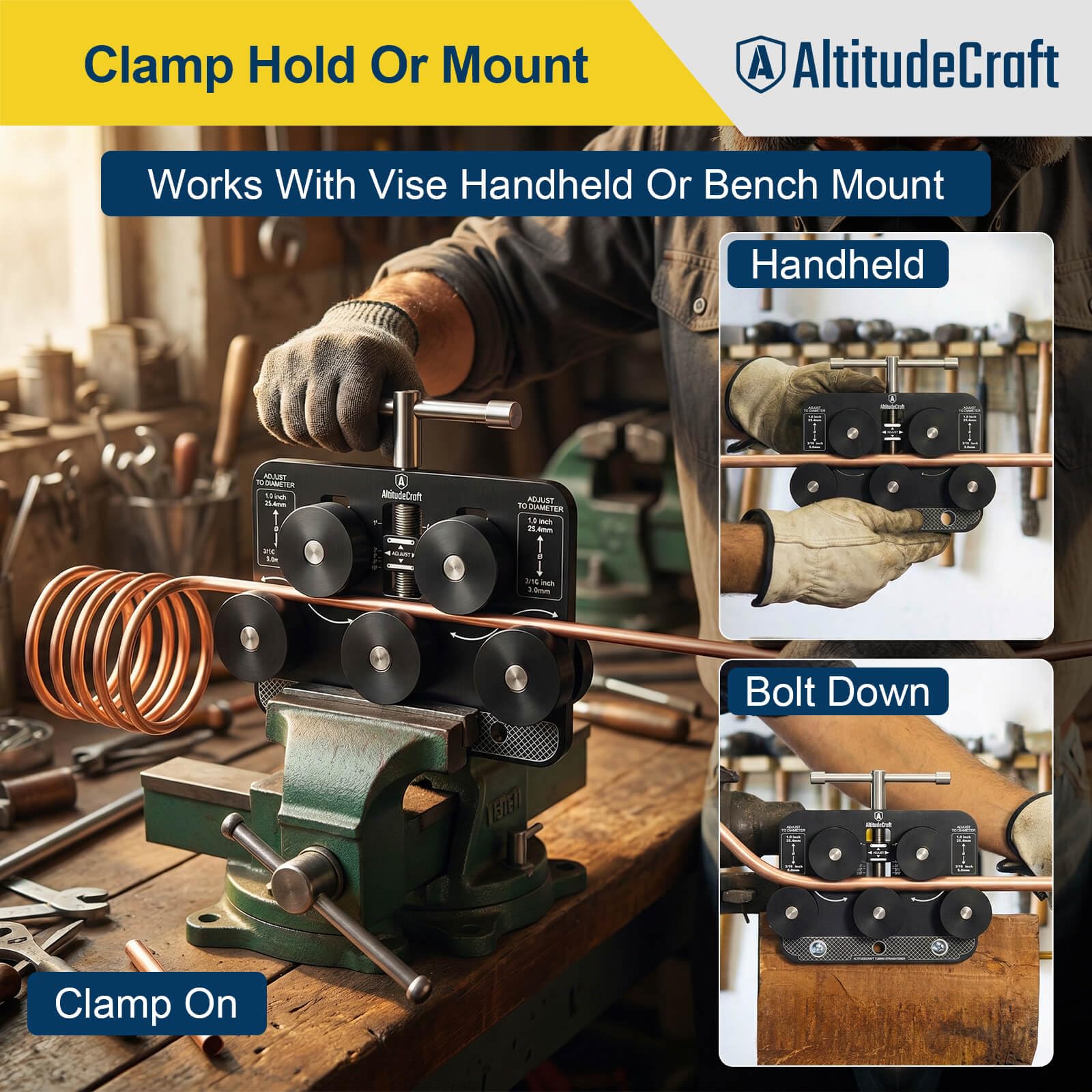 AltitudeCraft Tubing Straightener mounted on bench for stable setups