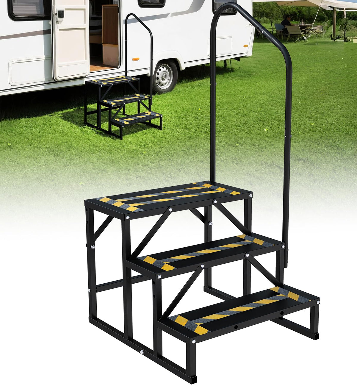 Altyostar RV steps with handrail side view, stable access.