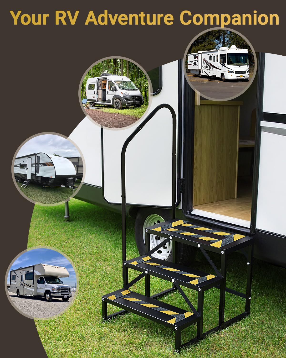 Altyostar RV steps triangular base adapts to uneven ground.
