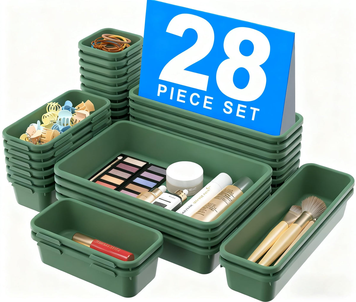 A-LuGei army green drawer organizer showing 177-item capacity for tidy vanity storage.