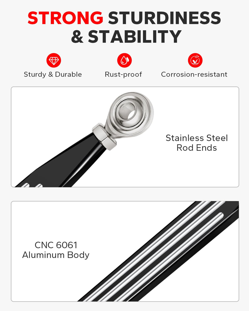 6061 CNC aluminum body with stainless steel rod ends for durability in Amazicha linkage.