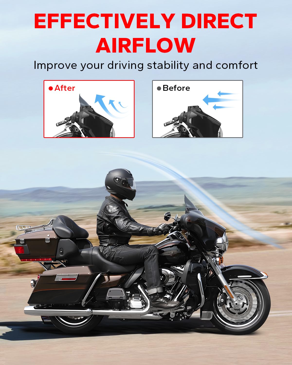 Amazicha 7-inch Windshield installed on Harley for stability and reduced wind.