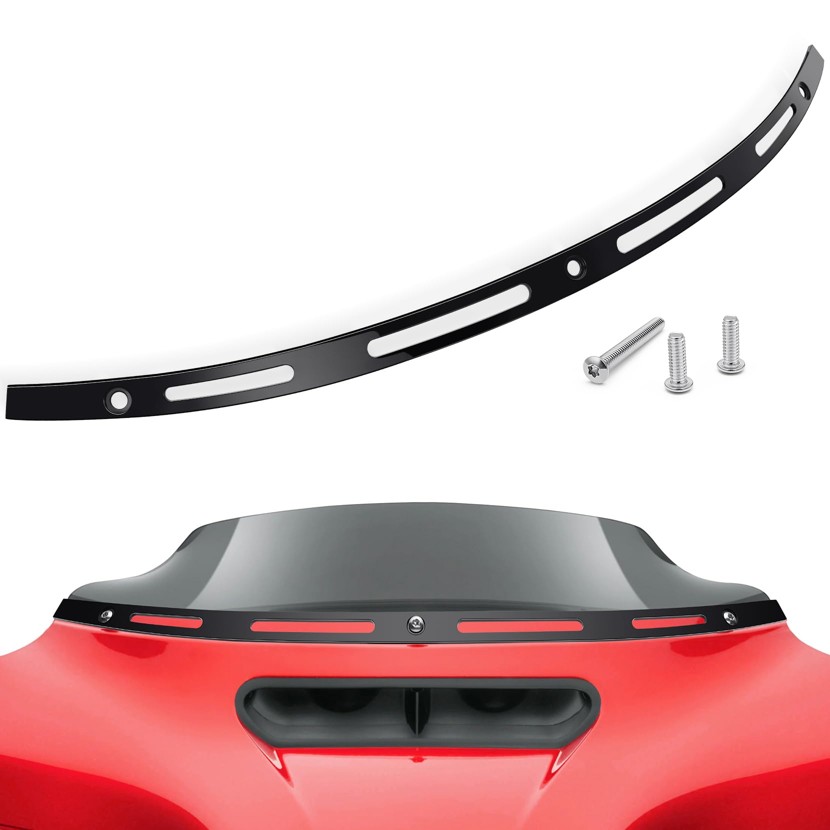 Amazicha batwing windshield trim in black, front view, adds a tight, secure fit for Harley Touring.