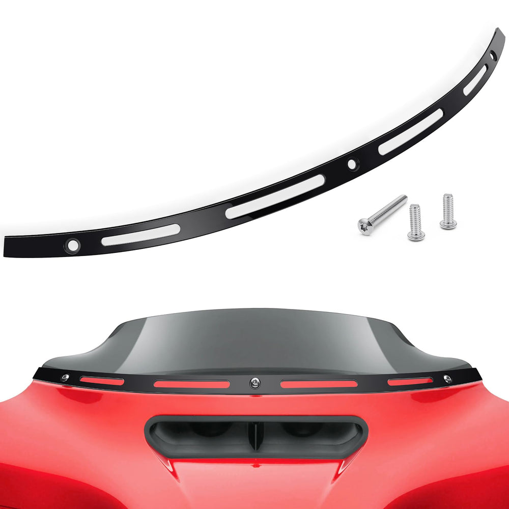 Amazicha batwing windshield trim in black, front view, adds a tight, secure fit for Harley Touring.