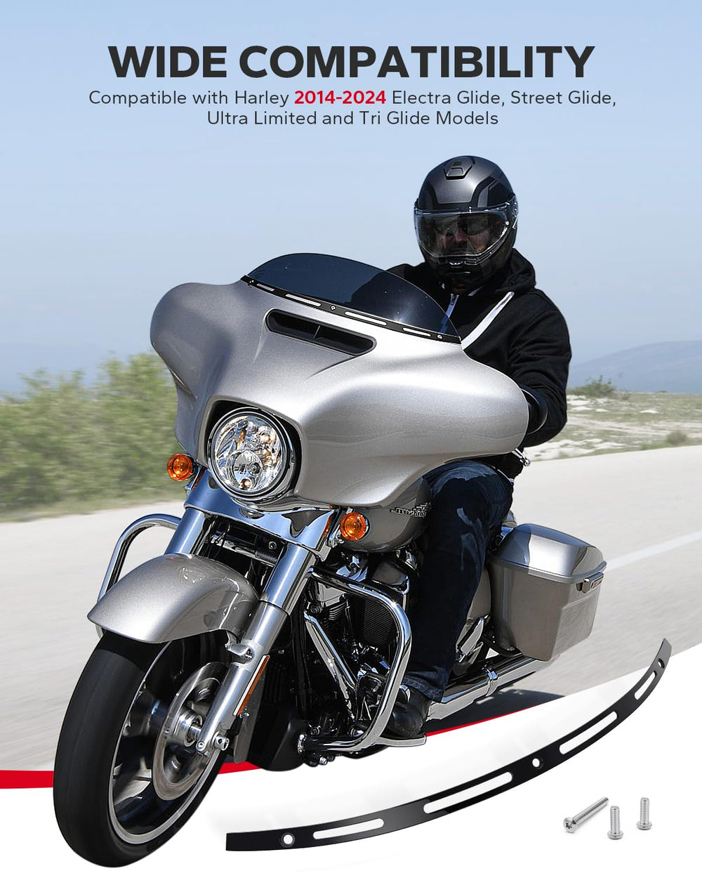 Amazicha batwing windshield trim in black, side profile, enhances Harley fairing styling.