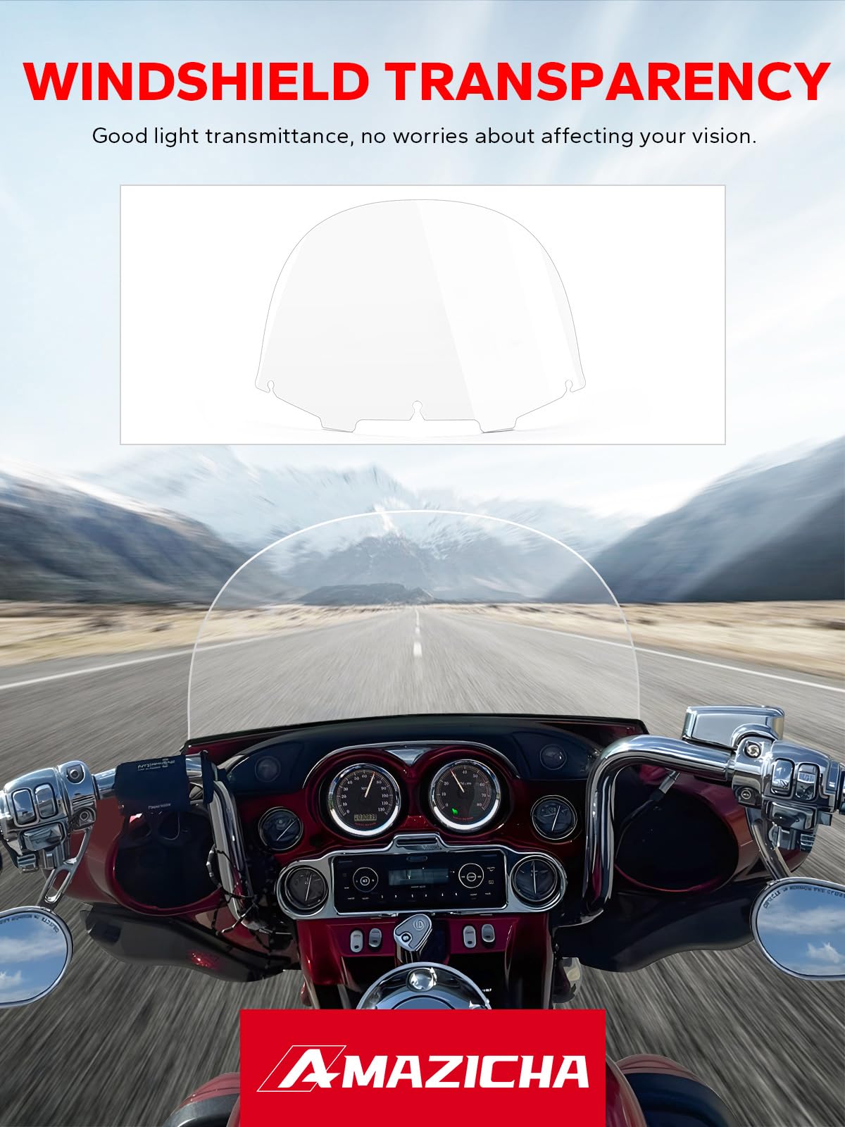 Amazicha Harley windscreen 13in provides a clear view without obstructing road sight.