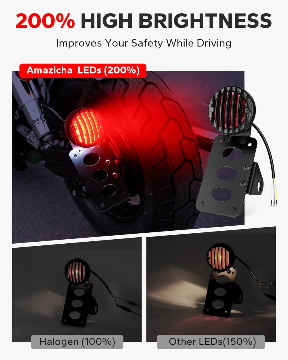 Amazicha IP67 waterproof motorcycle tail light withstands rain for reliable riding.