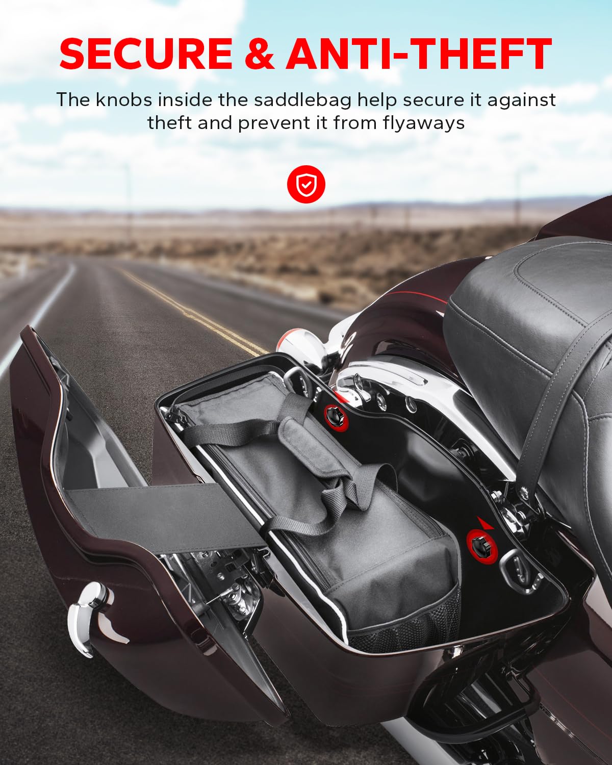 Amazicha black mounting bolts enable quick, tool-free mounting on Harley touring bikes.