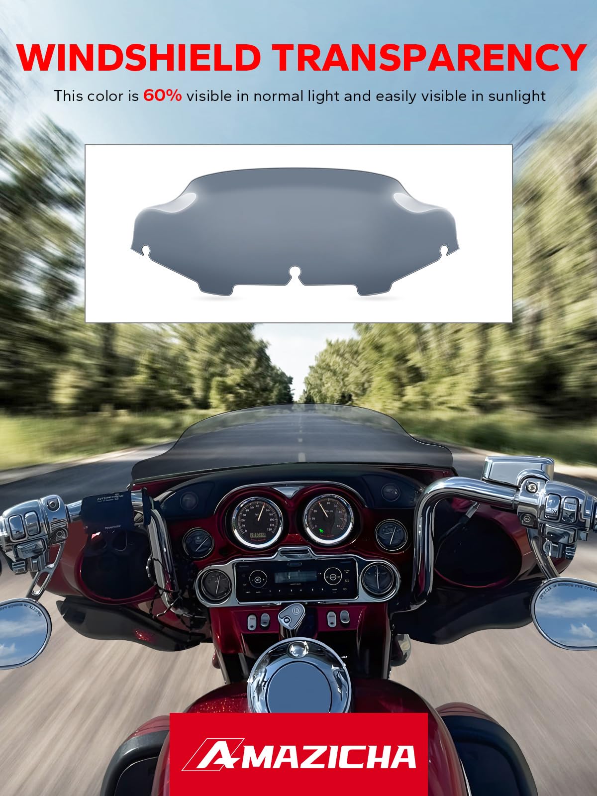 Amazicha Smoke Tint 6-inch windshield installed on Harley Street Glide enhances rider comfort