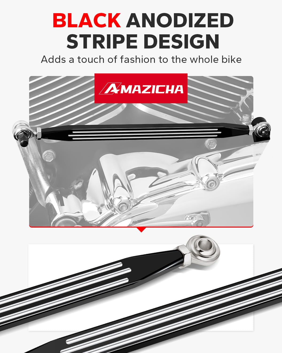 Black anodized stripe detail on the Amazicha shift linkage enhances Harley aesthetics.
