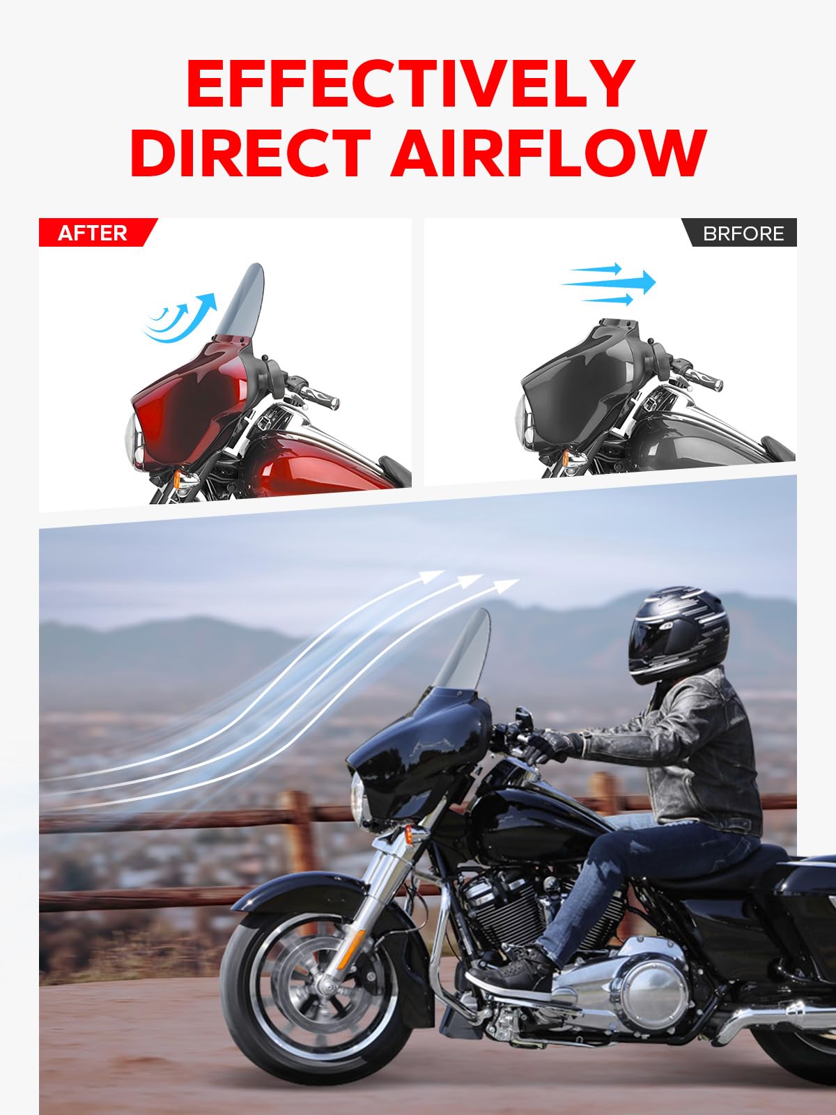 Amazicha 10-inch wide-view windshield offers broad on-bike visibility.