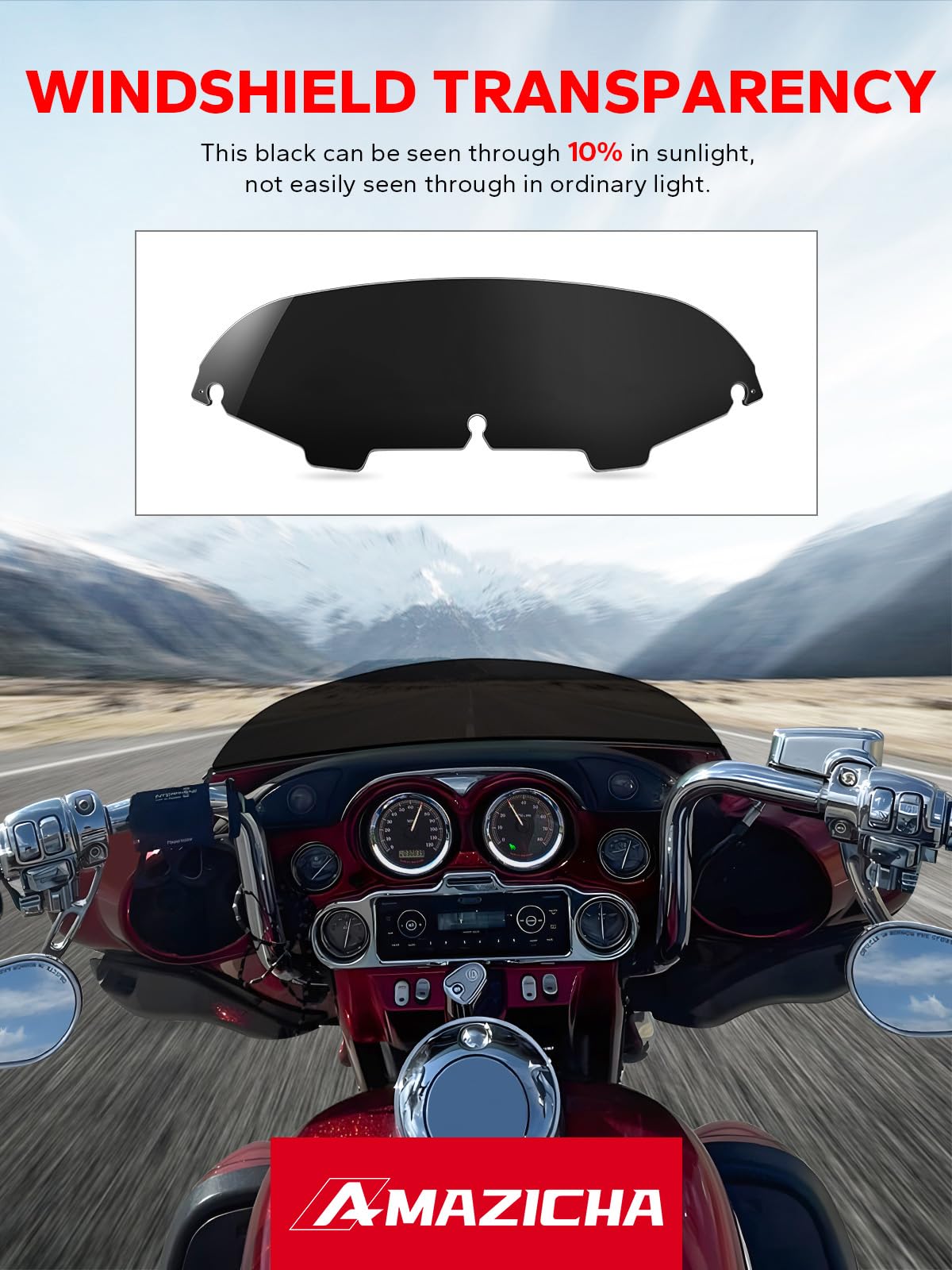 Amazicha wind deflection design reduces wind noise on Harley 96-13 rides.
