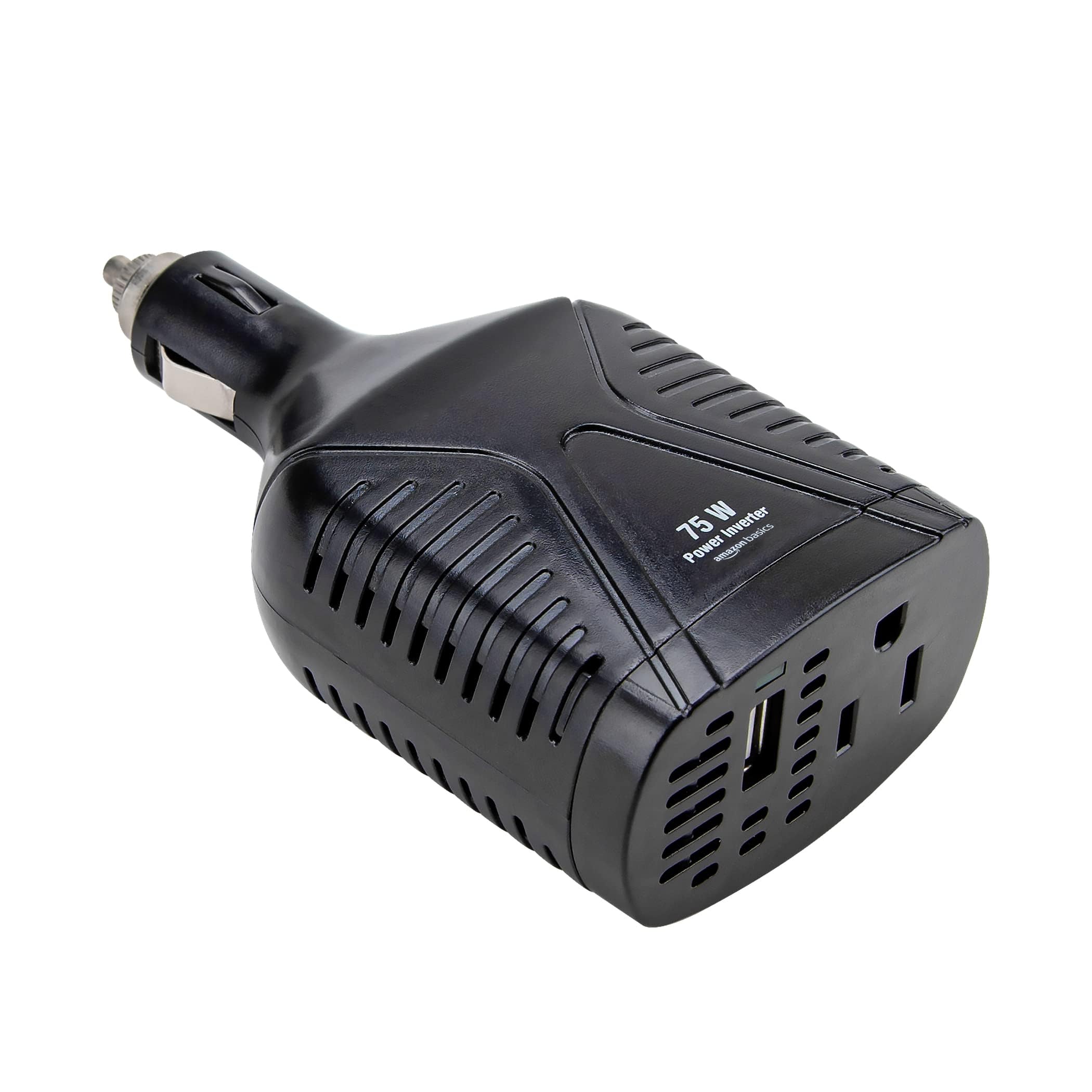 Amazon Basics 75W portable car inverter on dashboard powers devices during road trips
