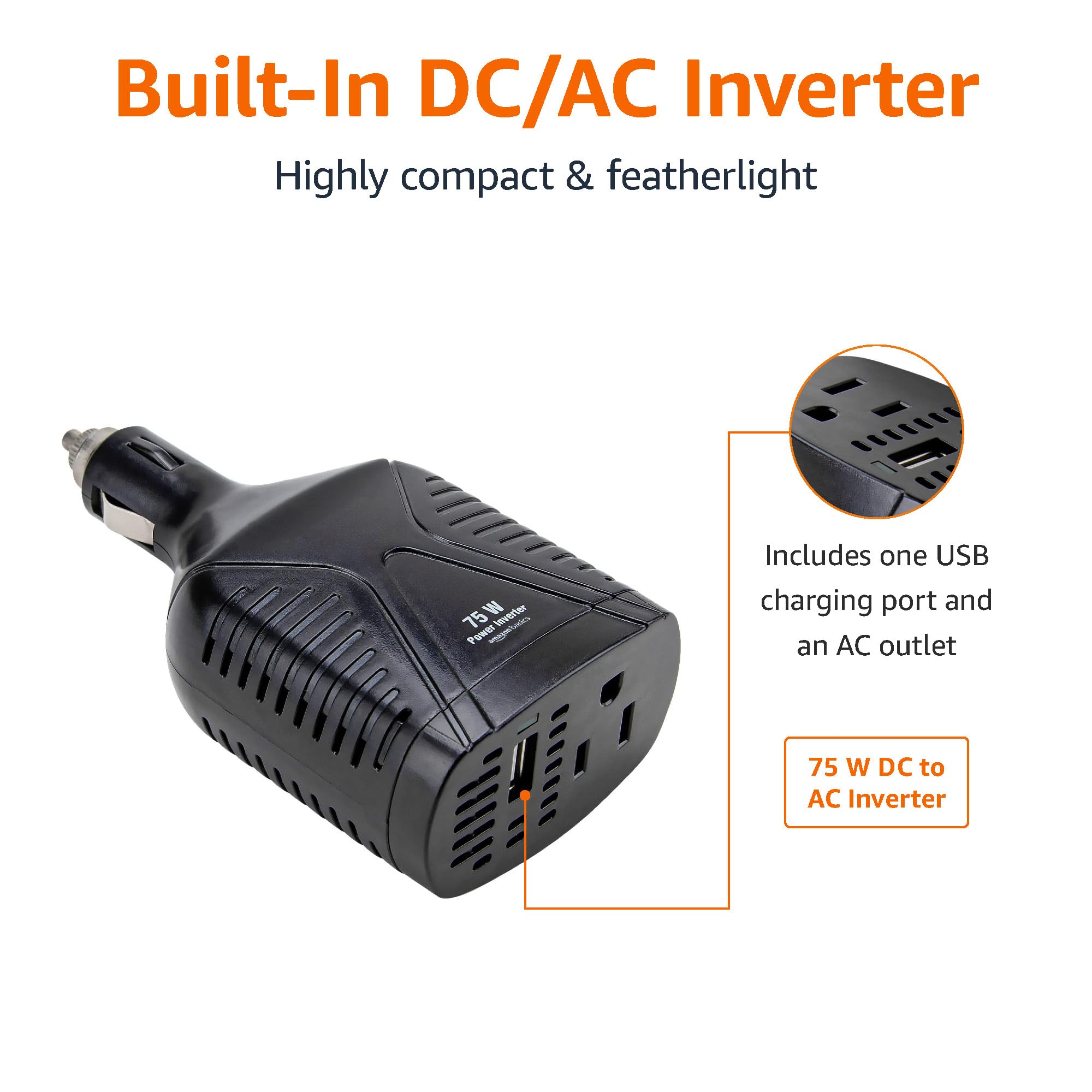 Amazon Basics inverter USB port provides convenient charging for phones and tablets on the go