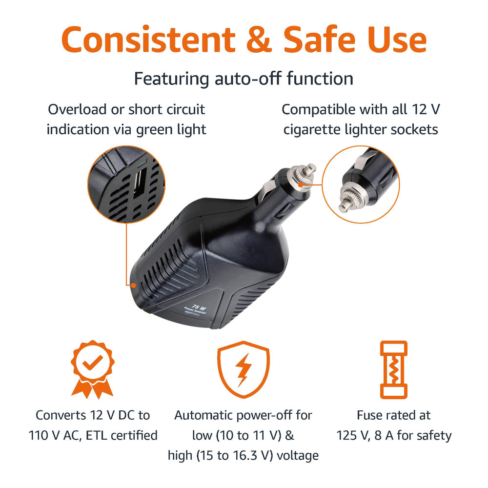 Amazon Basics 75W inverter in compact design fits small spaces in vehicles