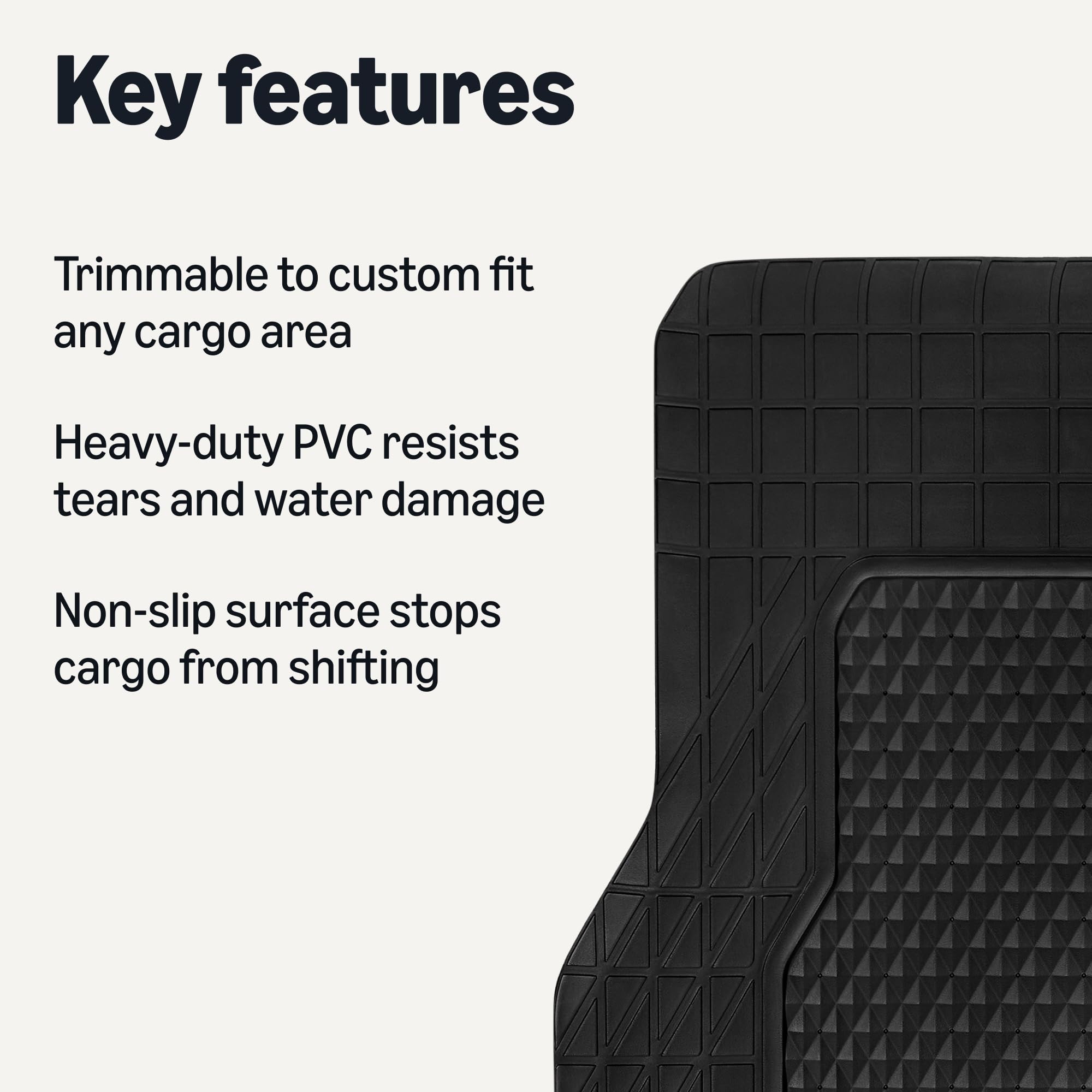 Amazon Basics cargo liner trim to fit your vehicle for a precise cargo area protection.