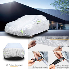 Sewn-in elastic bands and adjustable straps keep the cover secure in wind