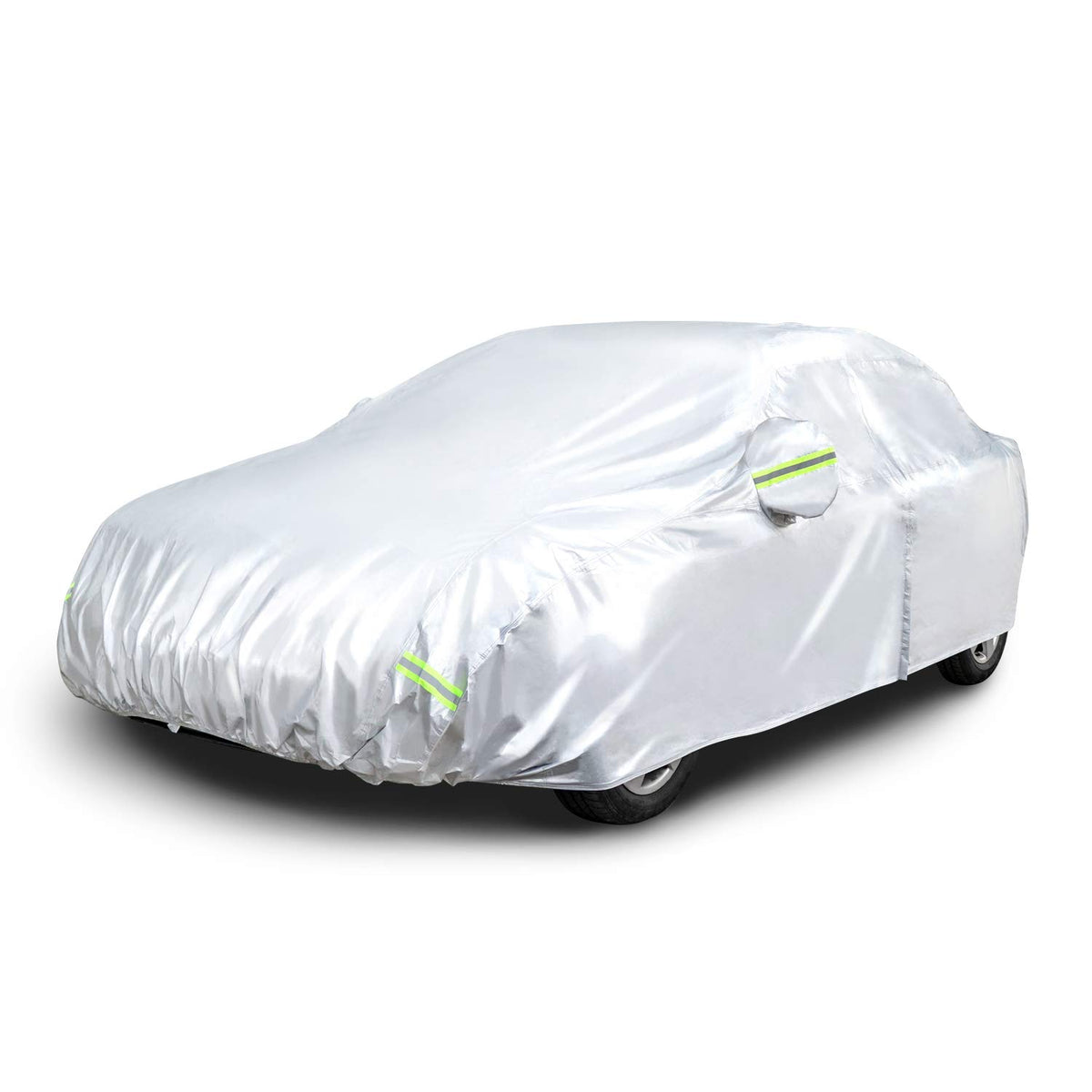 Amazon Basics car cover on a sedan fits up to 200 inches and protects against elements.