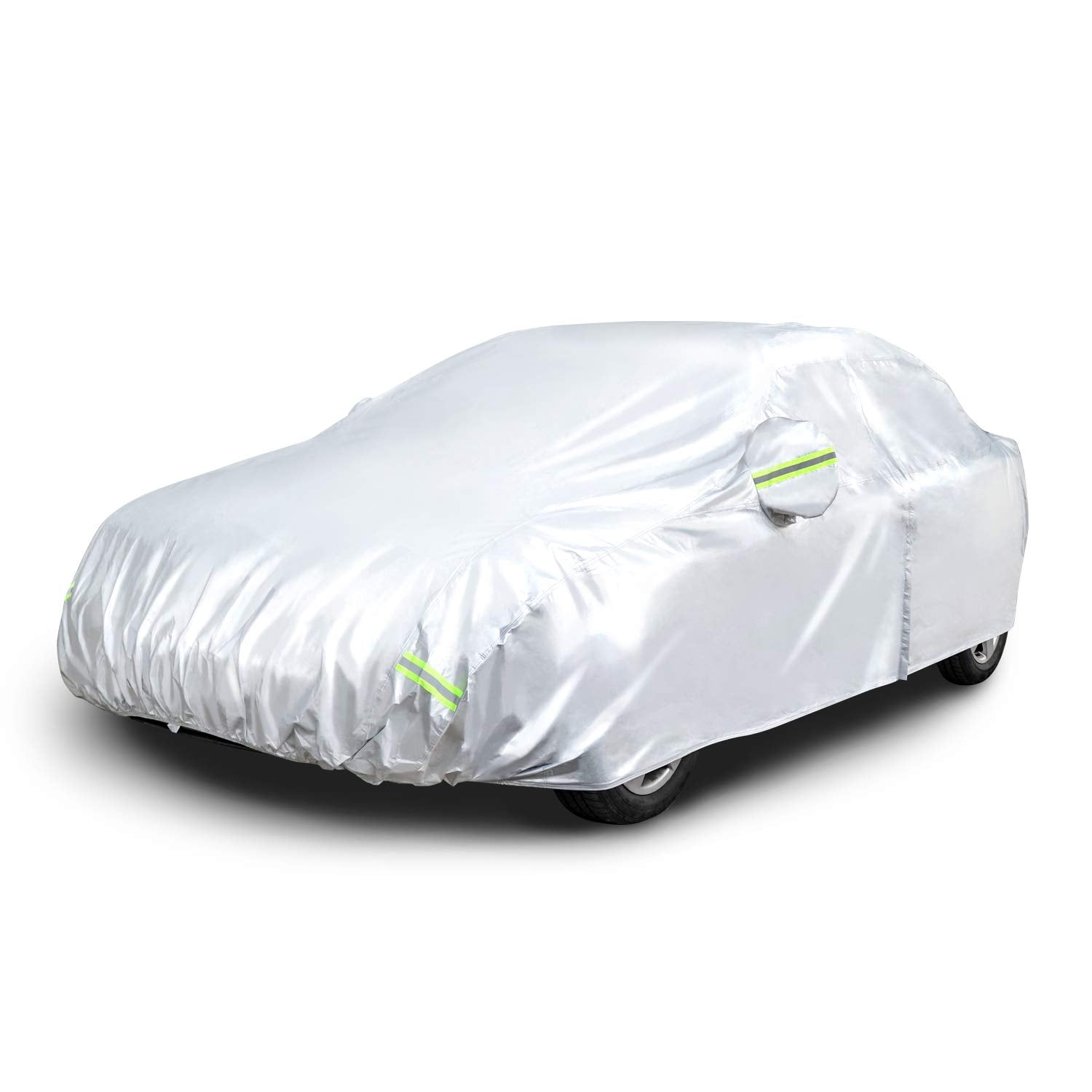 Amazon Basics car cover on a sedan showing a snug 170-inch fit with outer protection