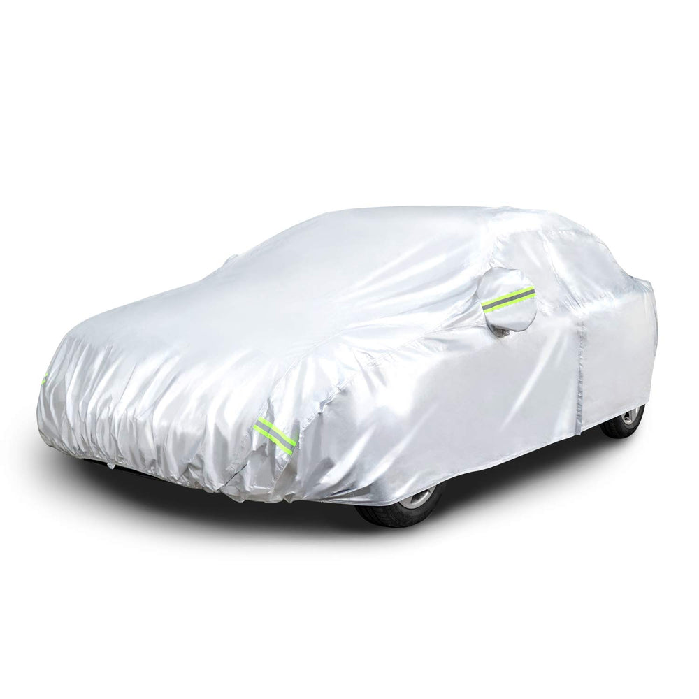 Amazon Basics car cover on a sedan showing a snug 170-inch fit with outer protection