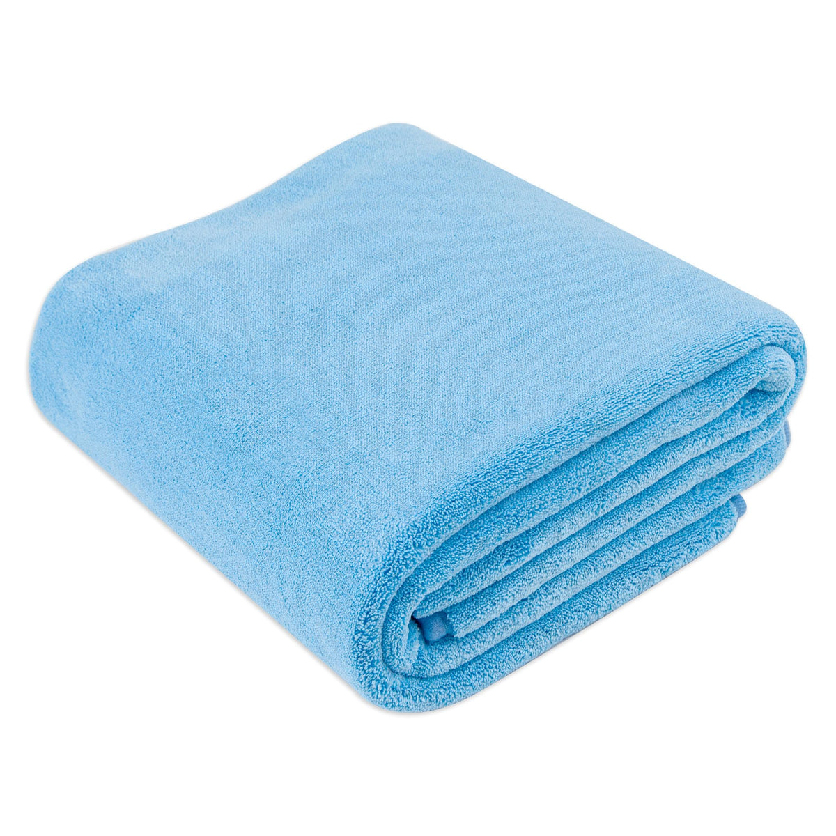 Amazon Basics microfiber car-drying towel in plush blue fibers for streak-free results.