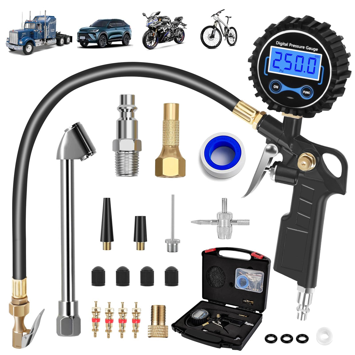 AmazStove digital tire pressure gauge front view with precise readings for quick checks.