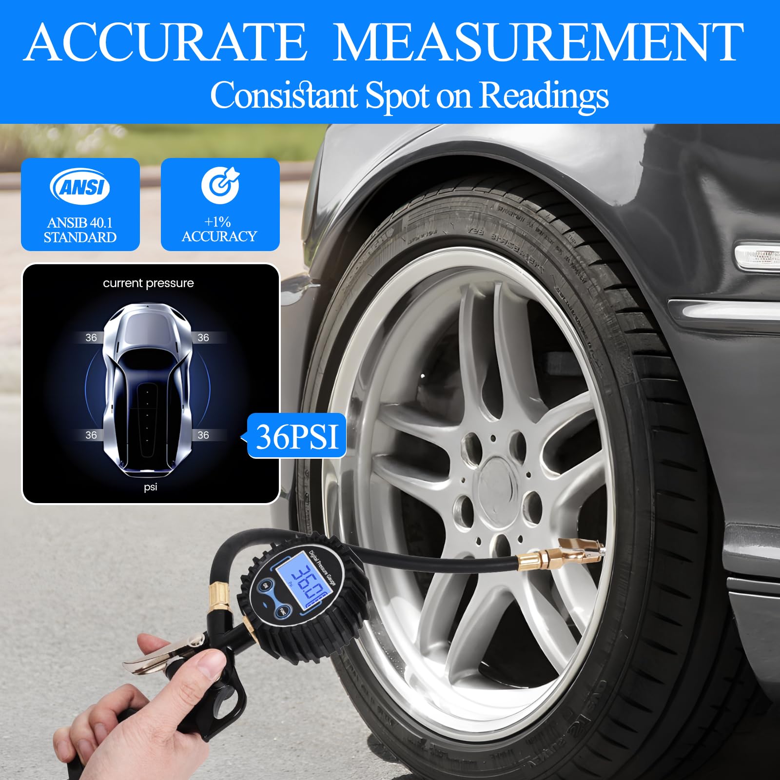 AmazStove gauge in-use with inflator showcases 360° chuck for flexible access.
