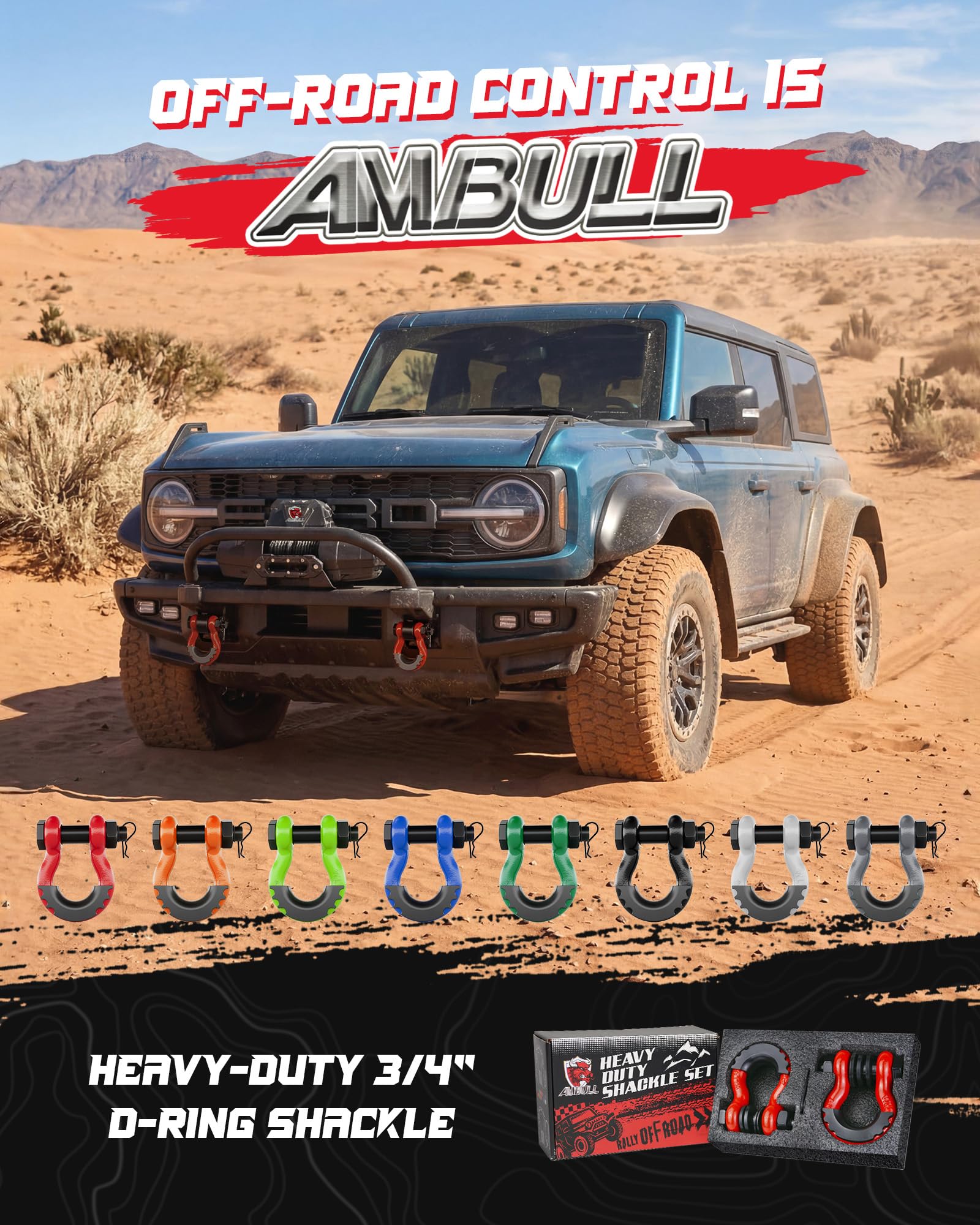AMBULL shackles installed on a vehicle for off-road recovery