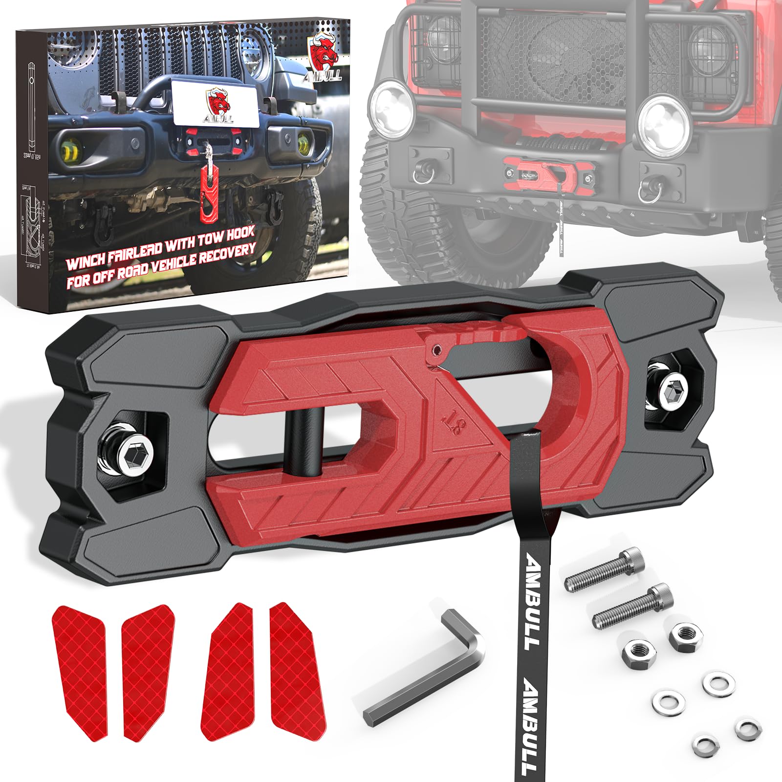 AMBULL winch fairlead with tow hook for heavy-duty off-road recovery.