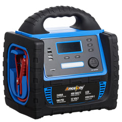 Amcelooy 2400A jump starter showing compact design for on-the-go emergencies