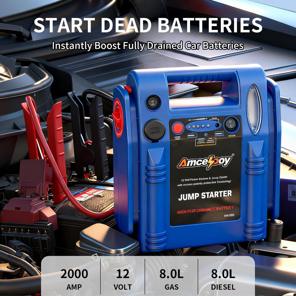 Amcelooy compact jump starter side profile showing portable, space-saving design.